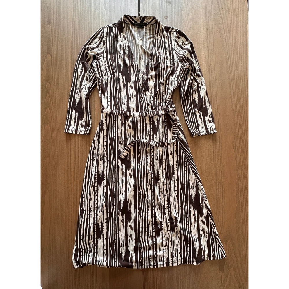 BCBGMAXAZRIA Brown White Abstract Stripe Wrap Dress Long Sleeve Small